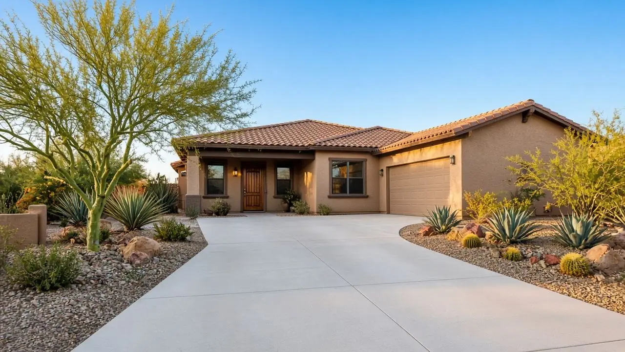 AI-generated illustration: a clean concrete driveway in front of a tan stucco home with desert landscaping