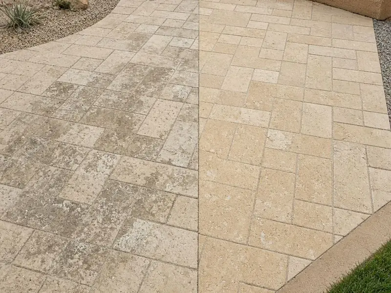 AI-generated illustration: a paver patio with the left half dirty and the right half cleaned