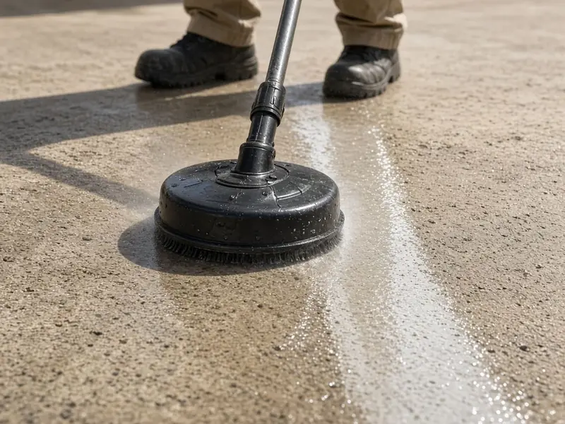 AI-generated illustration: a rotary surface cleaner leaving a clean stripe across dusty concrete